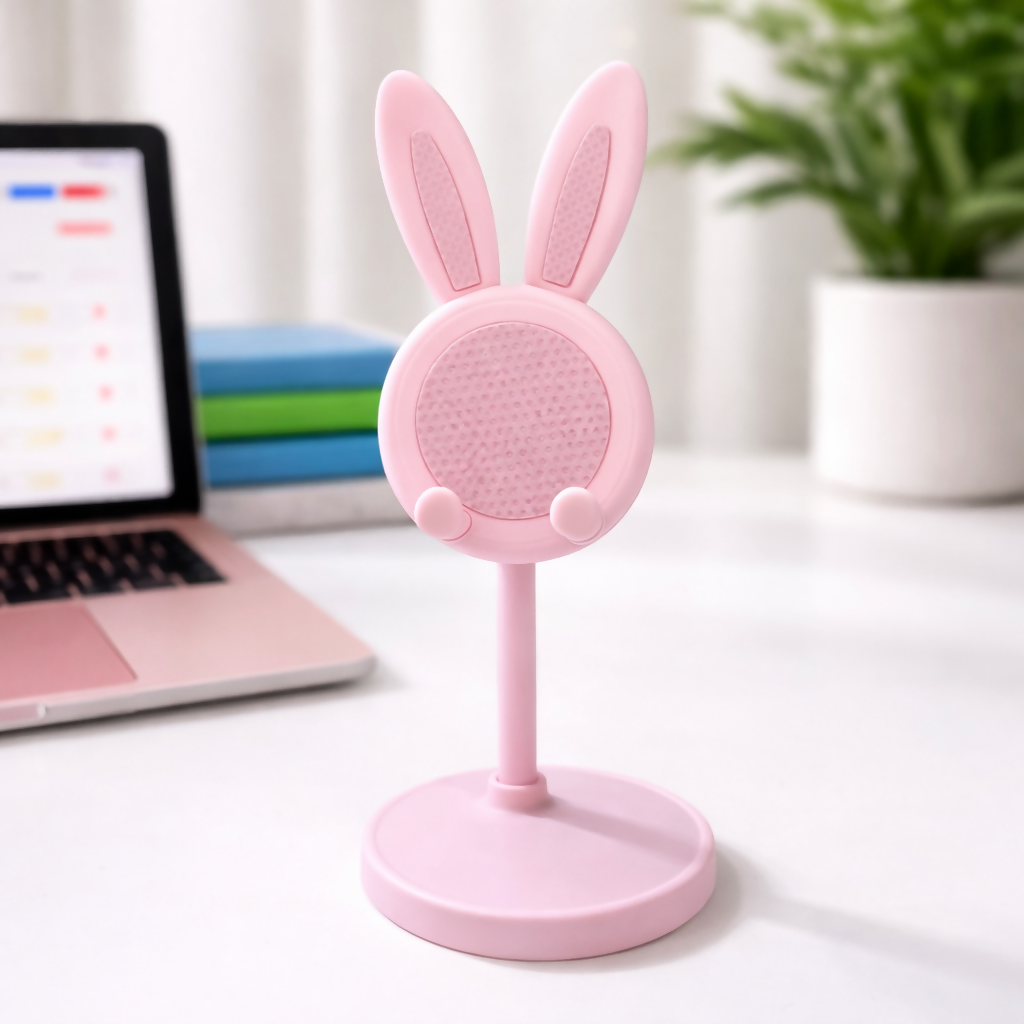 Wukusy bunny mobile stand holder on a desk, featuring a cute bunny design for kids' study tables, color may vary.