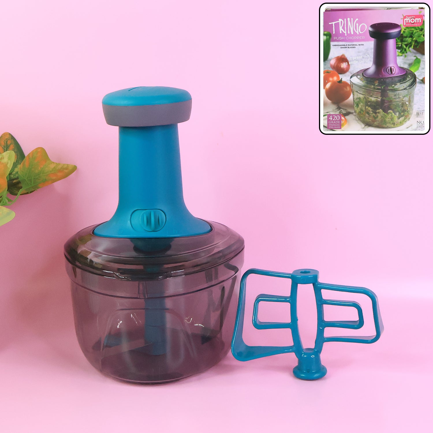 Wukusy Supermom Premium Tringo Push Chopper in vibrant color, kitchen tool with ergonomic handle for easy food chopping.