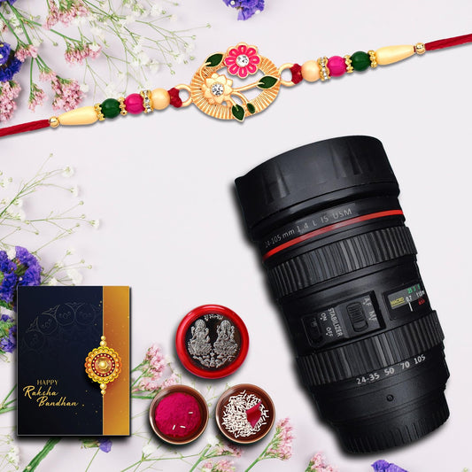Multicolor multiflowered plastic Rakhi with silver coin and greeting card, designed for brothers, part of Wukusy online Rakhi combo.