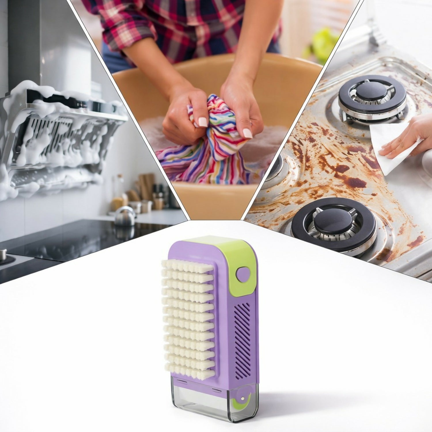 Wukusy liquid dispensing cleaning brush with built-in soap dispenser, color may vary, ideal for household cleaning tasks