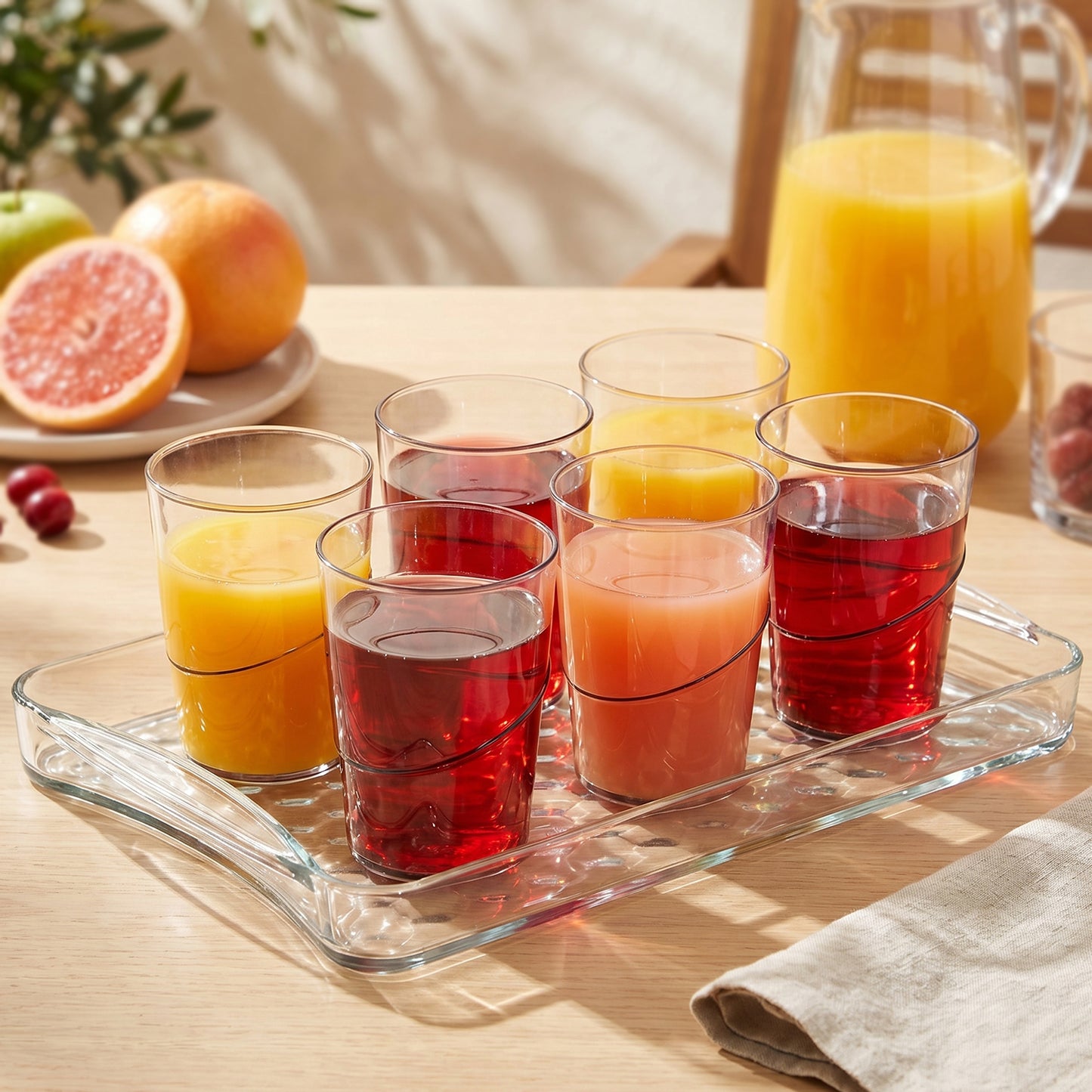 Six clear glass serving glasses with a matching tray from Wukusy Premium Glass Serving Set, perfect for entertaining and presentation.
