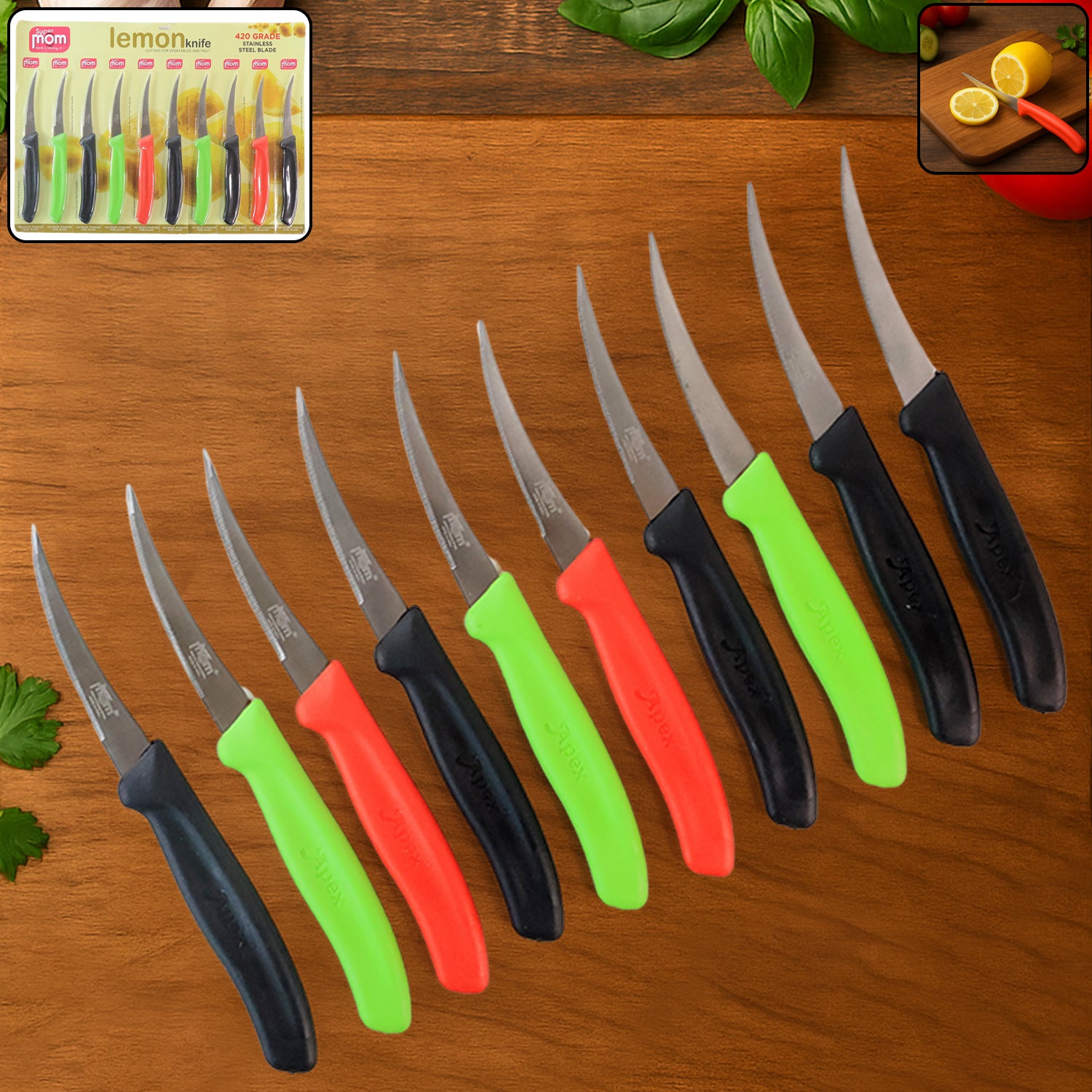 Wukusy Supermom stainless steel lemon knife set with 10 kitchen tools, featuring sharp blades and ergonomic handles for citrus slicing.