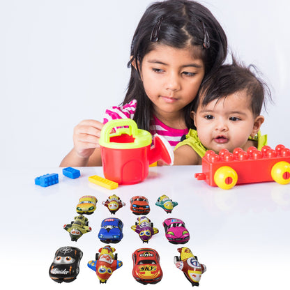 Set of 12 Wukusy mini pull back cars and airplanes made of PVC plastic, featuring colorful cartoon toy designs.