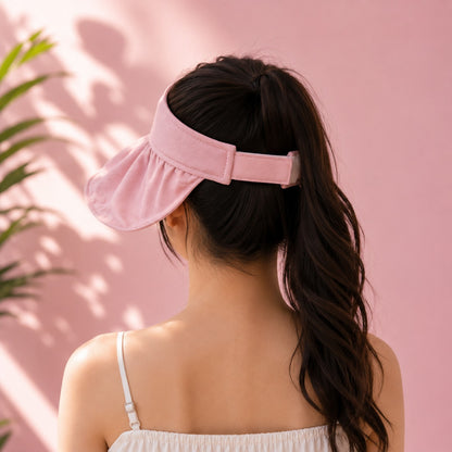 Women’s wide brim sun visor cap by Wukusy with adjustable strap, perfect for summer sun protection, in a random color.