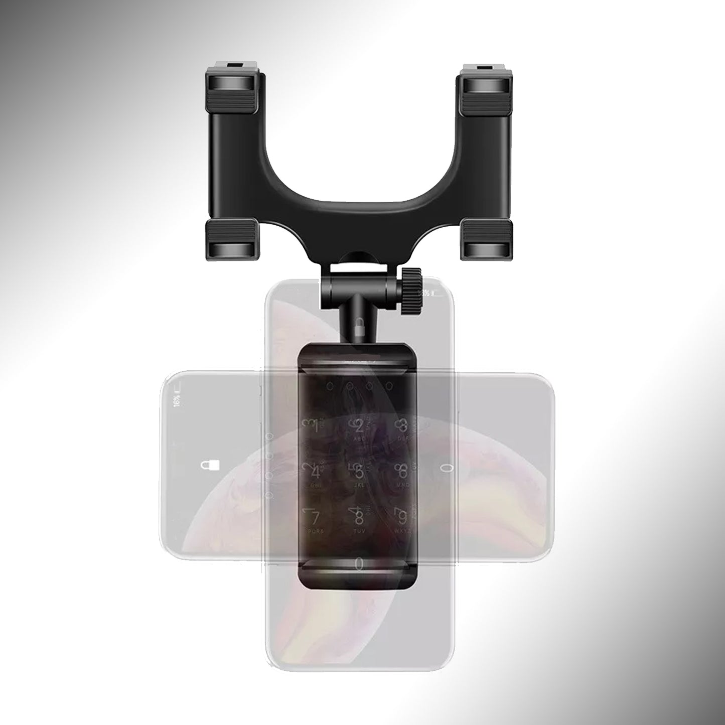 Wukusy rear view mobile holder mounted on vehicle mirror with mobile phone in stand, universal car phone mount for safe driving.