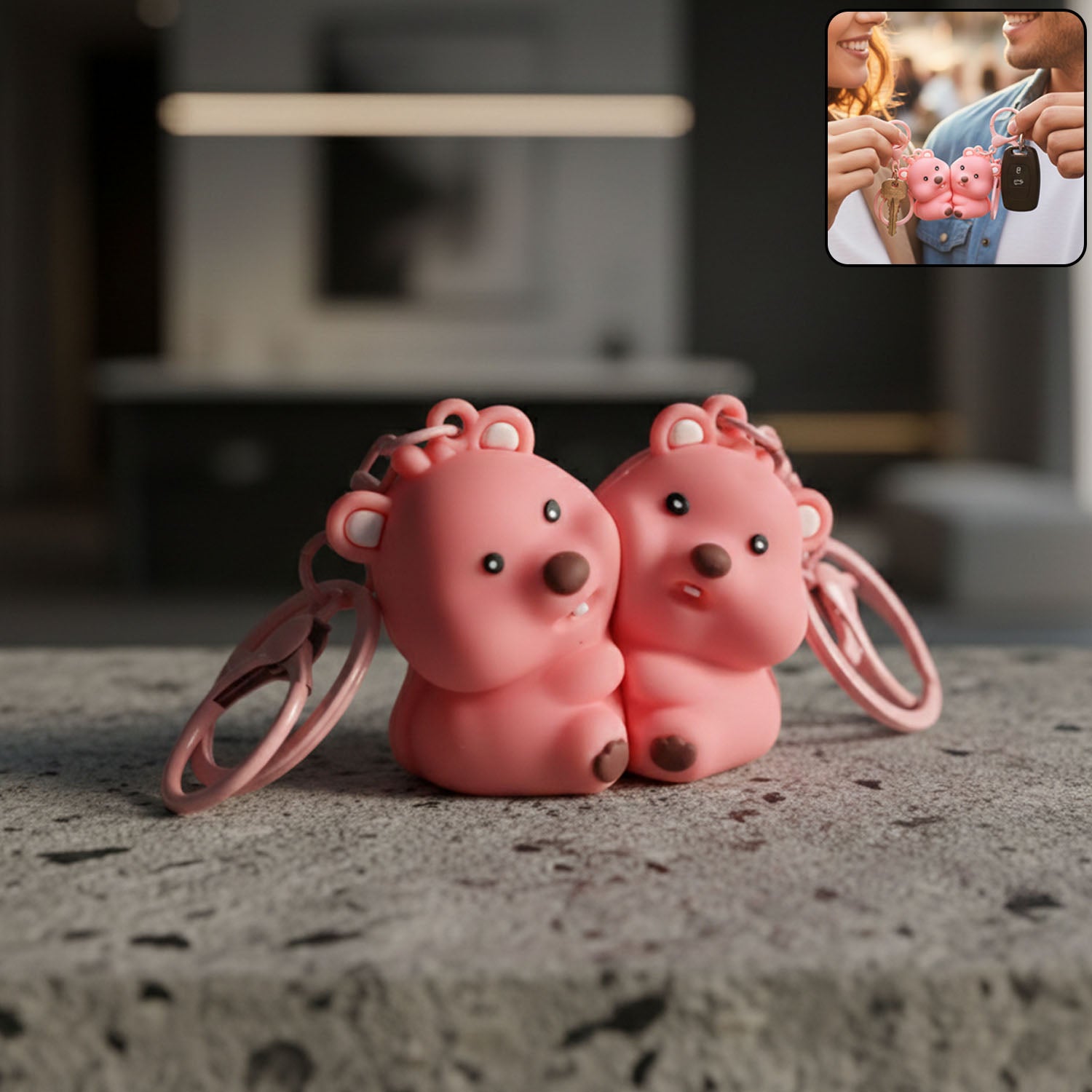 Wukusy cute couple bear-shaped 2-in-1 keychain set with two pieces, featuring adorable bear designs for keys or accessories.