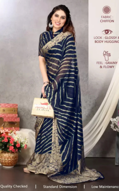 Dark blue printed striped Leheria chiffon and georgette saree from Drpshippr women's collection, showcasing traditional Indian design.