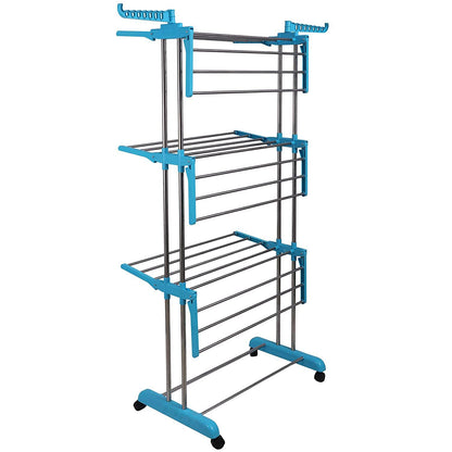 Wukusy premium heavy-duty stainless steel 3-layer foldable cloth drying stand with colorful box for indoor laundry drying.