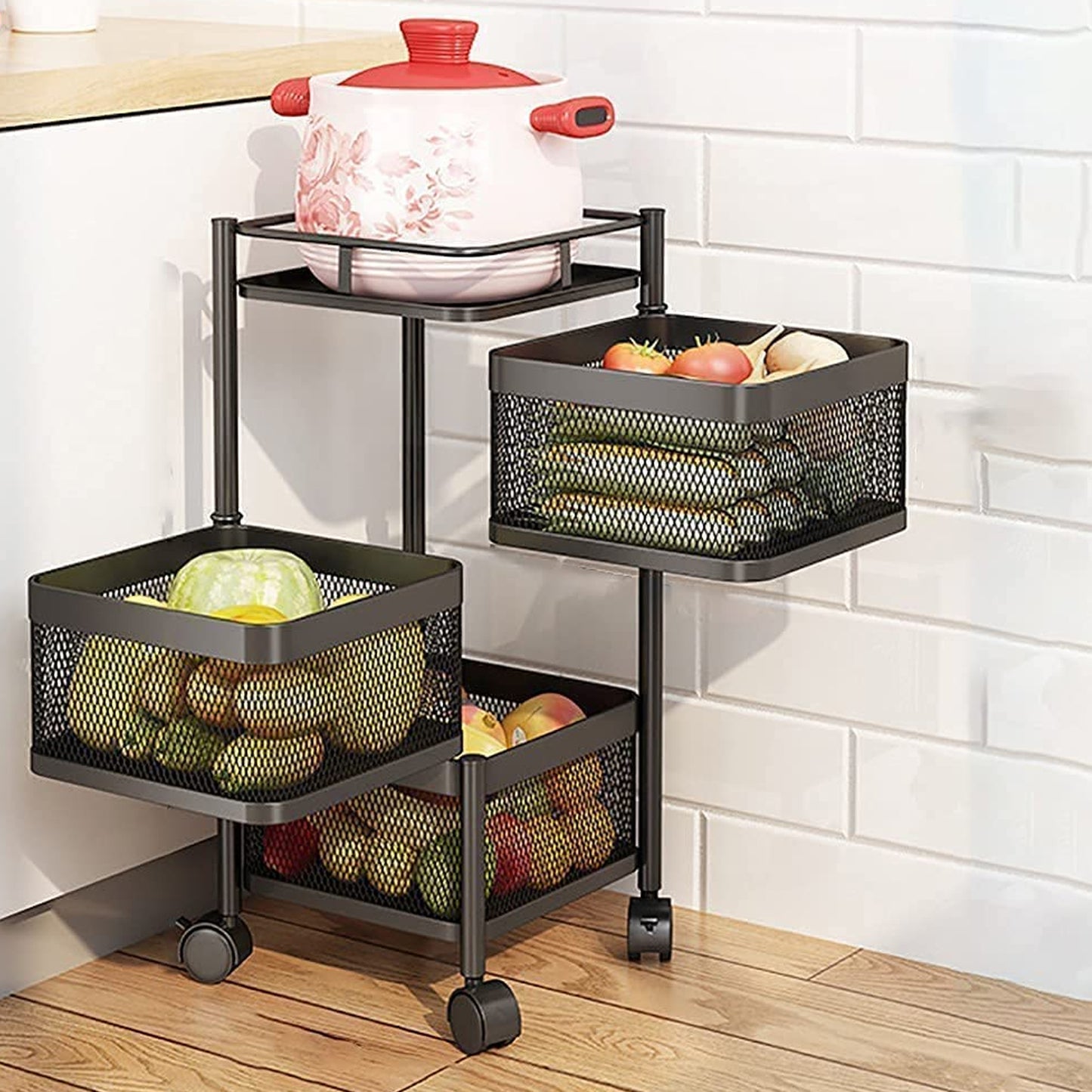 Wukusy metal kitchen trolley with 4-layer square design, wheels, for storing fruits, vegetables, onions, and kitchen accessories.