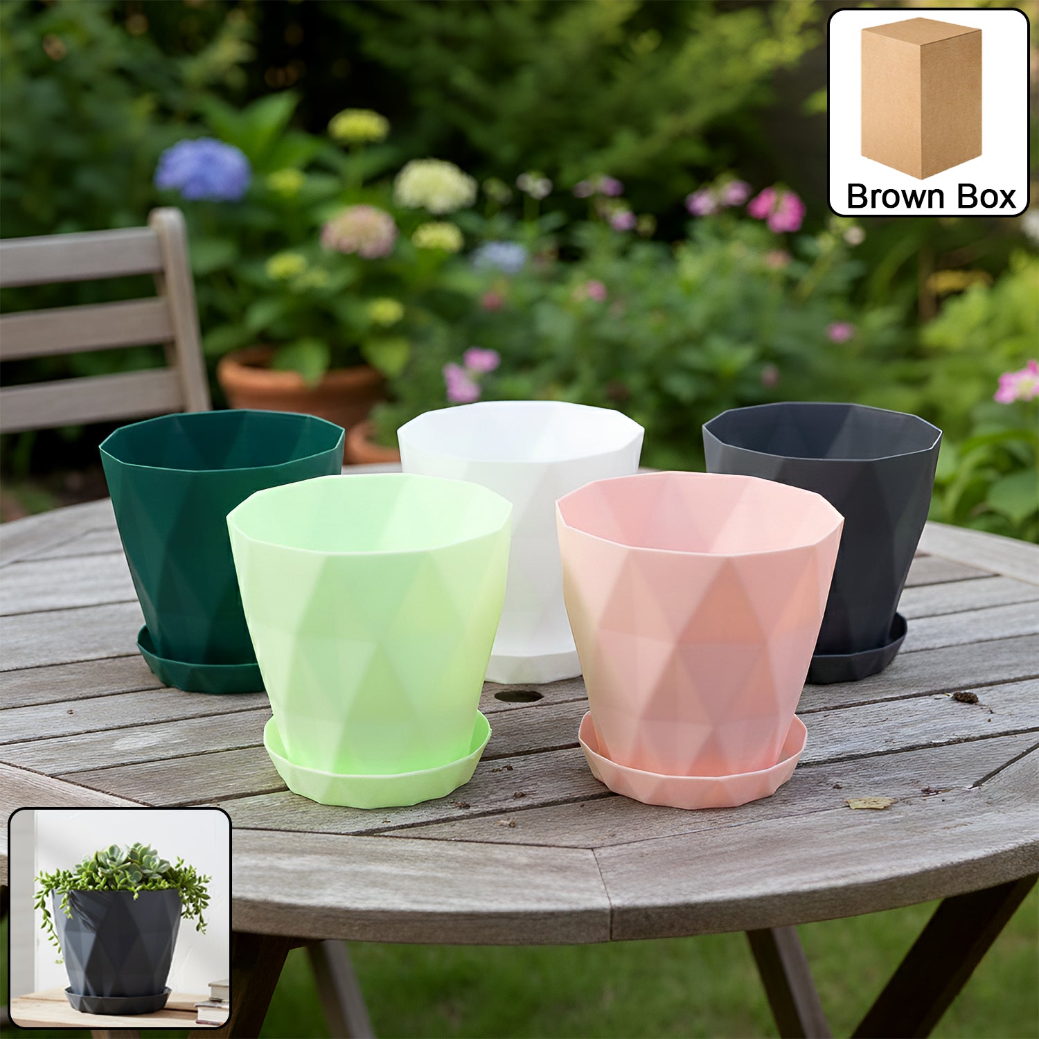 Set of five Wukusy diamond design plastic flower pots with drain trays for garden planting, featuring stylish geometric patterns.
