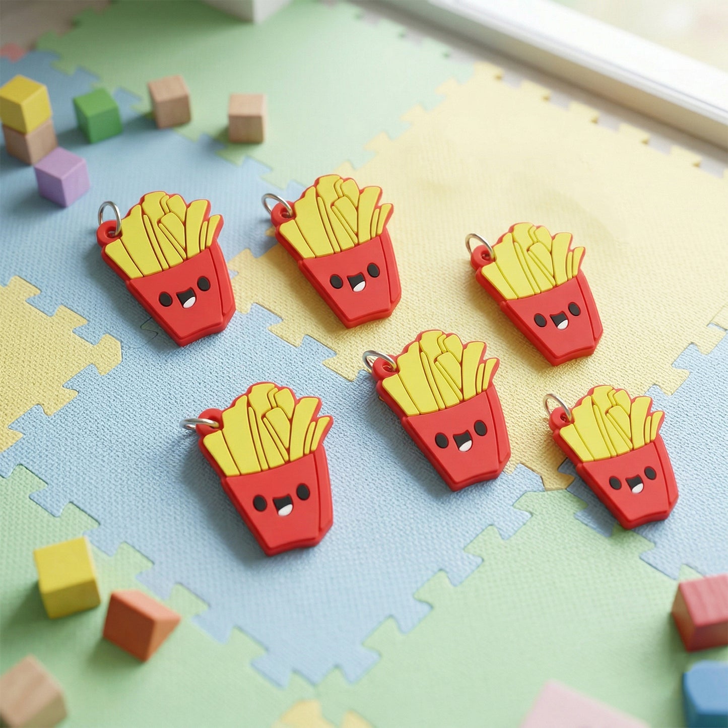 Set of 10 Wukusy French fries-shaped bag charm keychains, colorful and cute accessories for bags or keys.