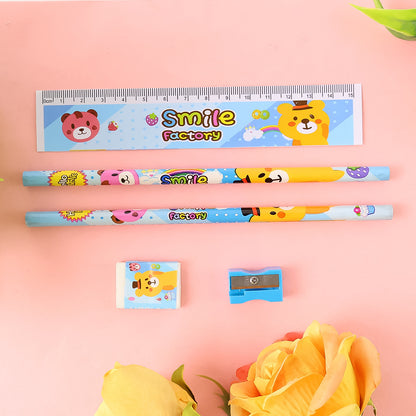 Wukusy 5-piece wooden pencil and stationery set for kids, including pencils, eraser, and sharpener, ideal for school and gifts.