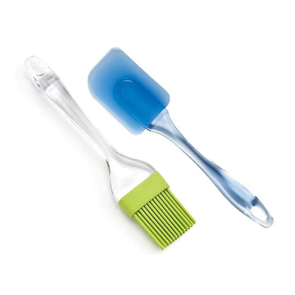 Wukusy kitchen tools set including steel potato masher, manual whisk, spatula, pastry brush, and hand-powered blender on a countertop