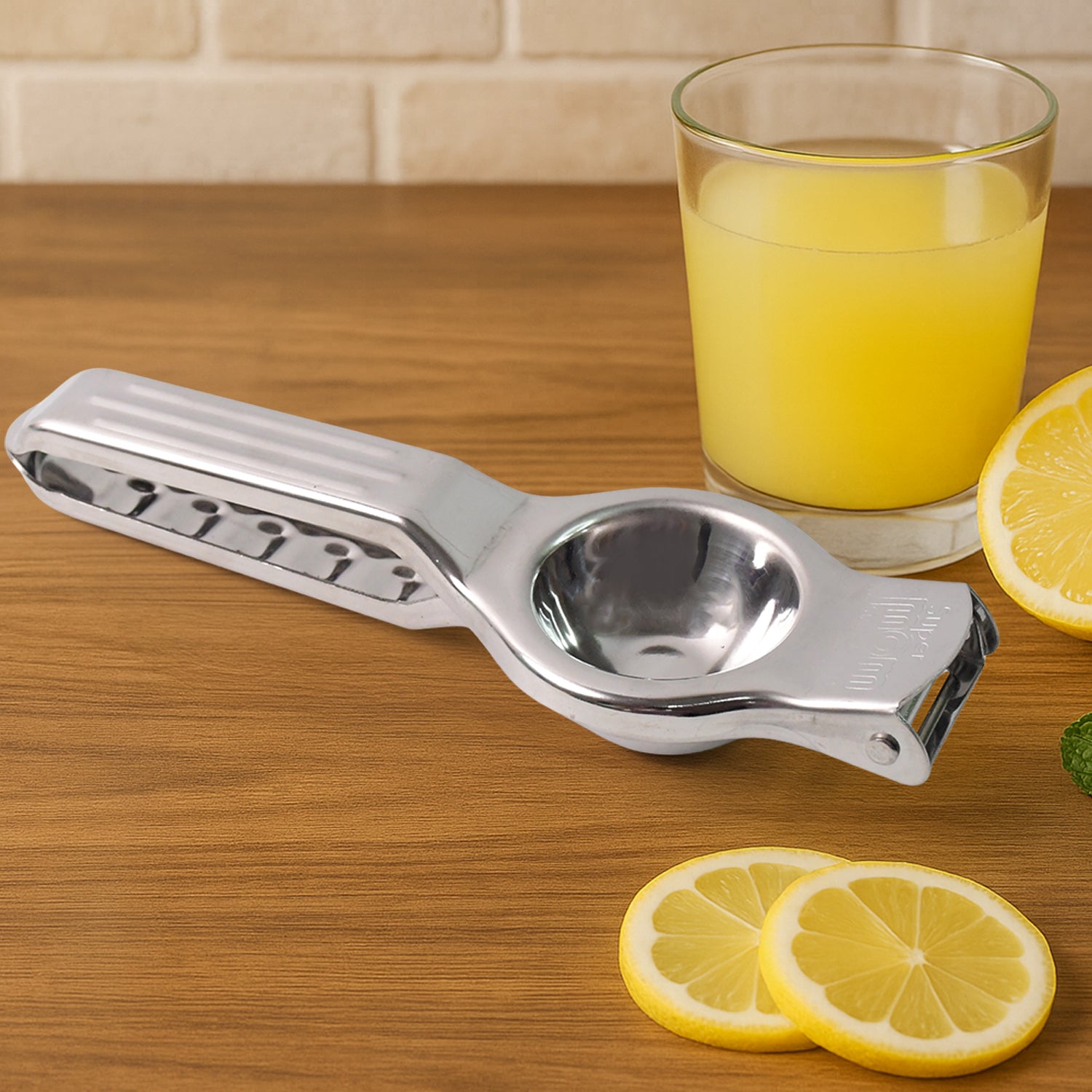 Wukusy Supermom 2-in-1 heavy-duty stainless steel lemon squeezer with built-in bottle opener for home and kitchen use.