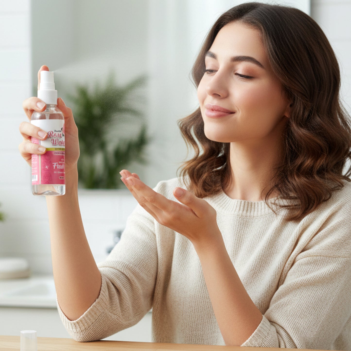 Wukusy Rose Water Face Mist Spray 100ml, clear bottle with rose water, misting spray nozzle, fresh and floral appearance