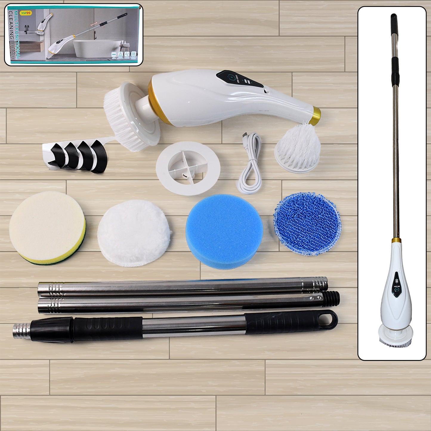 Wukusy 11-in-1 electric spin scrubber for home cleaning, showing the versatile scrub head and ergonomic handle.