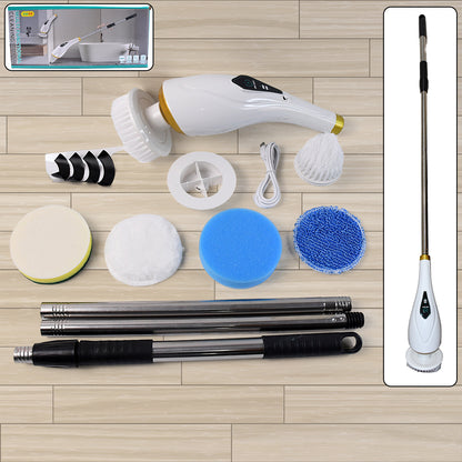 Wukusy 11-in-1 electric spin scrubber for home cleaning, showing the versatile scrub head and ergonomic handle.