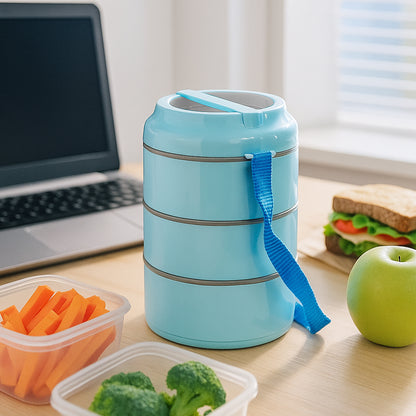 Wukusy 3-layer insulated lunch box set with handle strap, featuring multiple compartments for food storage and portability.