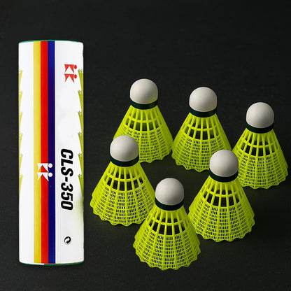Set of six durable plastic shuttlecocks by Wukusy, showing lightweight, colorful badminton shuttlecocks ready for play.
