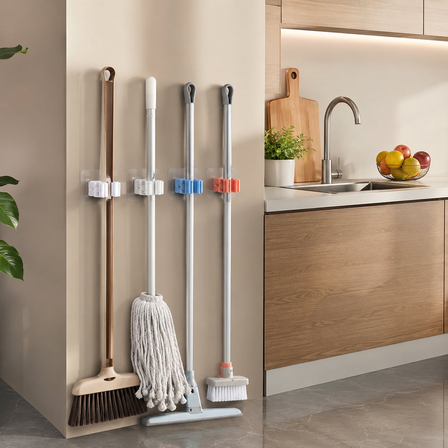 Wall-mounted Wukusy plastic broom holder clip for organizing mops and brooms in a neat, space-saving storage solution.