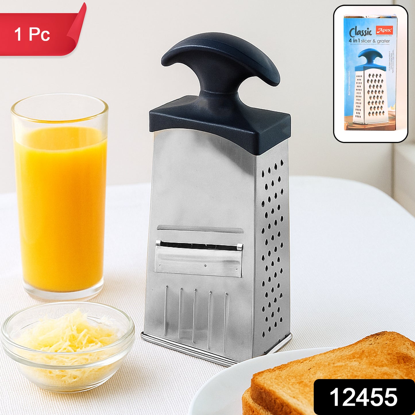 Wukusy Apex Classic 4-in-1 stainless steel grater with handle for slicing, shredding, and grating in home kitchen tasks
