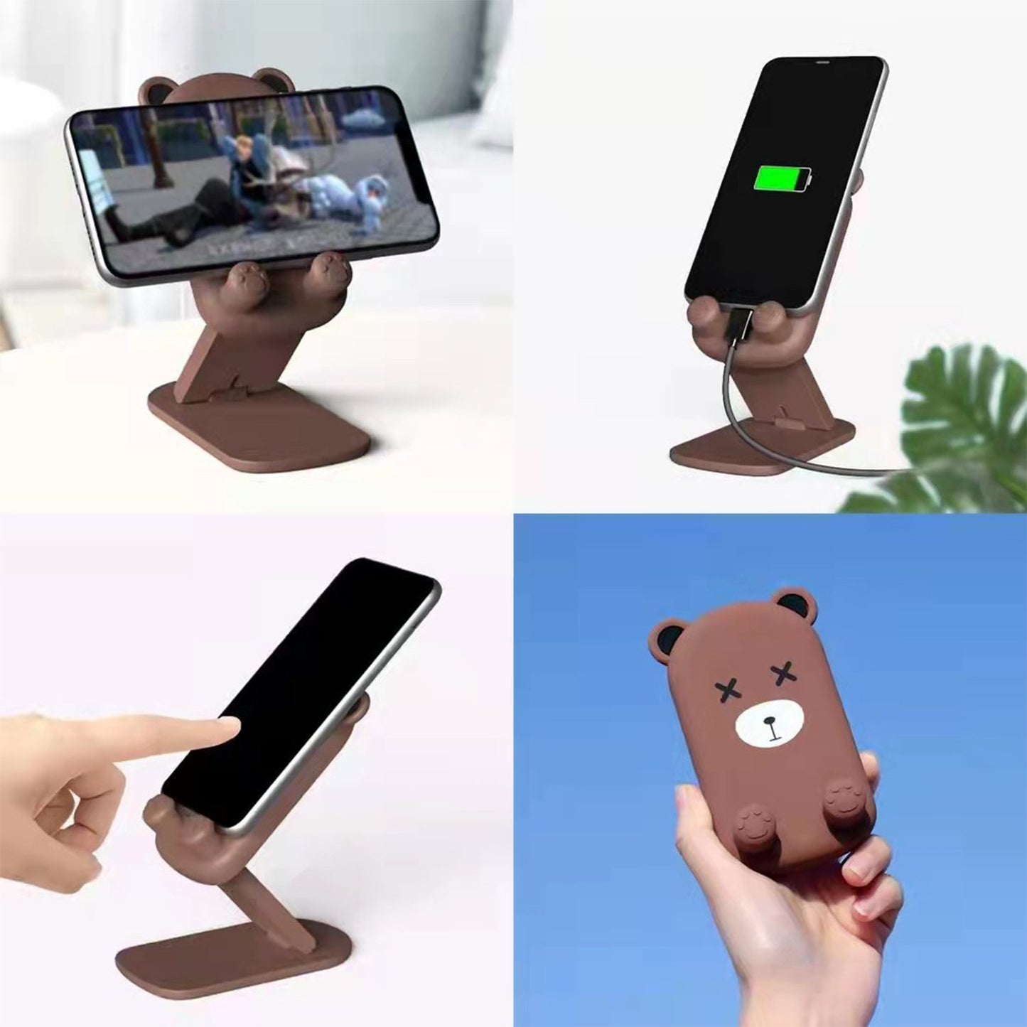 Wukusy cartoon design multi-angle adjustable foldable mobile stand for smartphones, shown from multiple angles in the image.