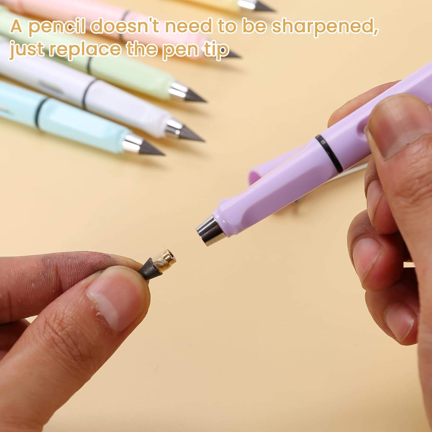 Wukusy 2-in-1 everlasting office pencil with replaceable head and eraser, two-pack, shown with sharpened lead and eraser tip
