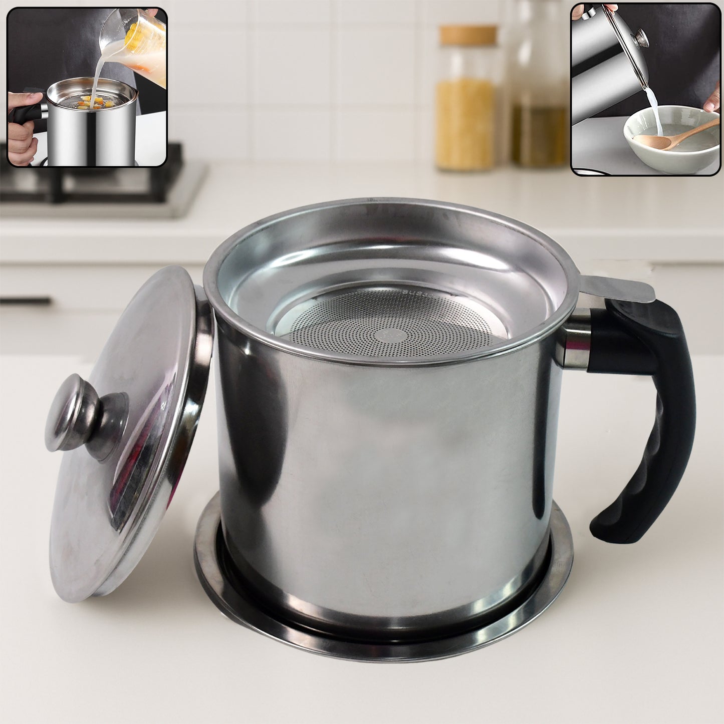 Wukusy stainless steel oil strainer pot with lid and filter mesh, showing the pot's sleek design and mesh filter for oil filtering.