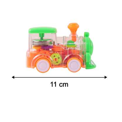 Kids musical light-up transparent train toy by Wukusy with colorful lights and a detailed train design for children.