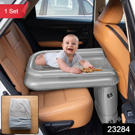 Wukusy inflatable travel air bed mattress for car back seat, suitable for kids and babies, shown set-up inside a vehicle.