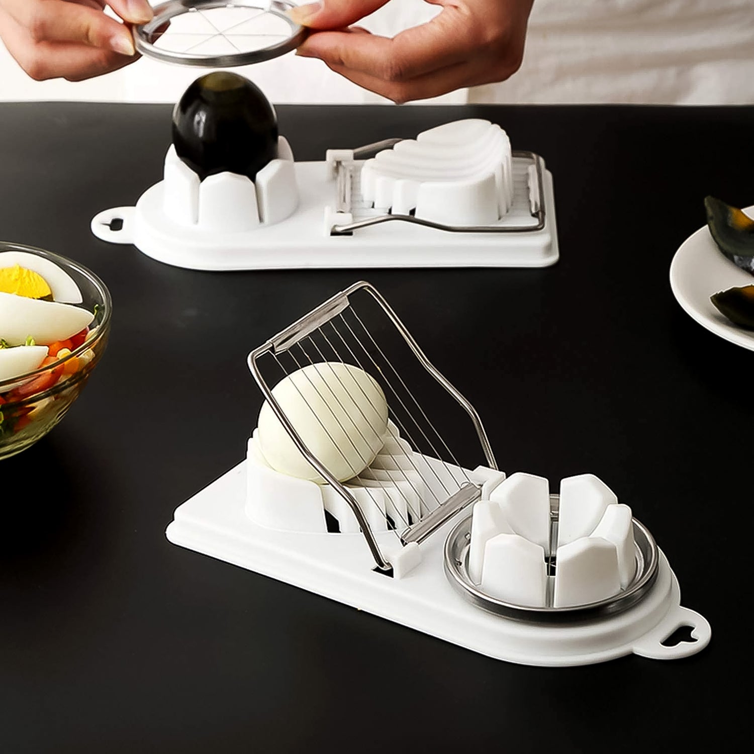 Wukusy 2-in-1 egg slicer and cutter for hard boiled eggs, stainless steel blades, ergonomic handle, ideal for kitchen home improvement.