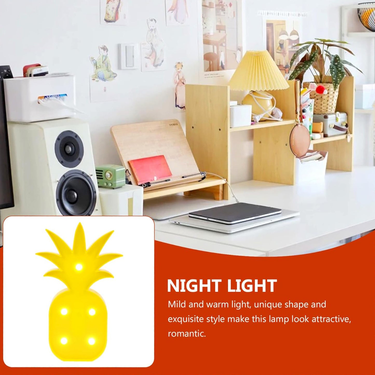 Pineapple-shaped LED decorative night light by Wukusy, illuminating a cozy home decor scene with warm light.