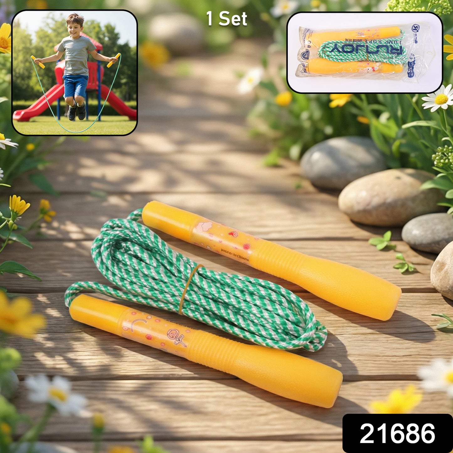 Kids skipping jump rope set for boys and girls by Wukusy, featuring a colorful rope and comfortable handles for active play.