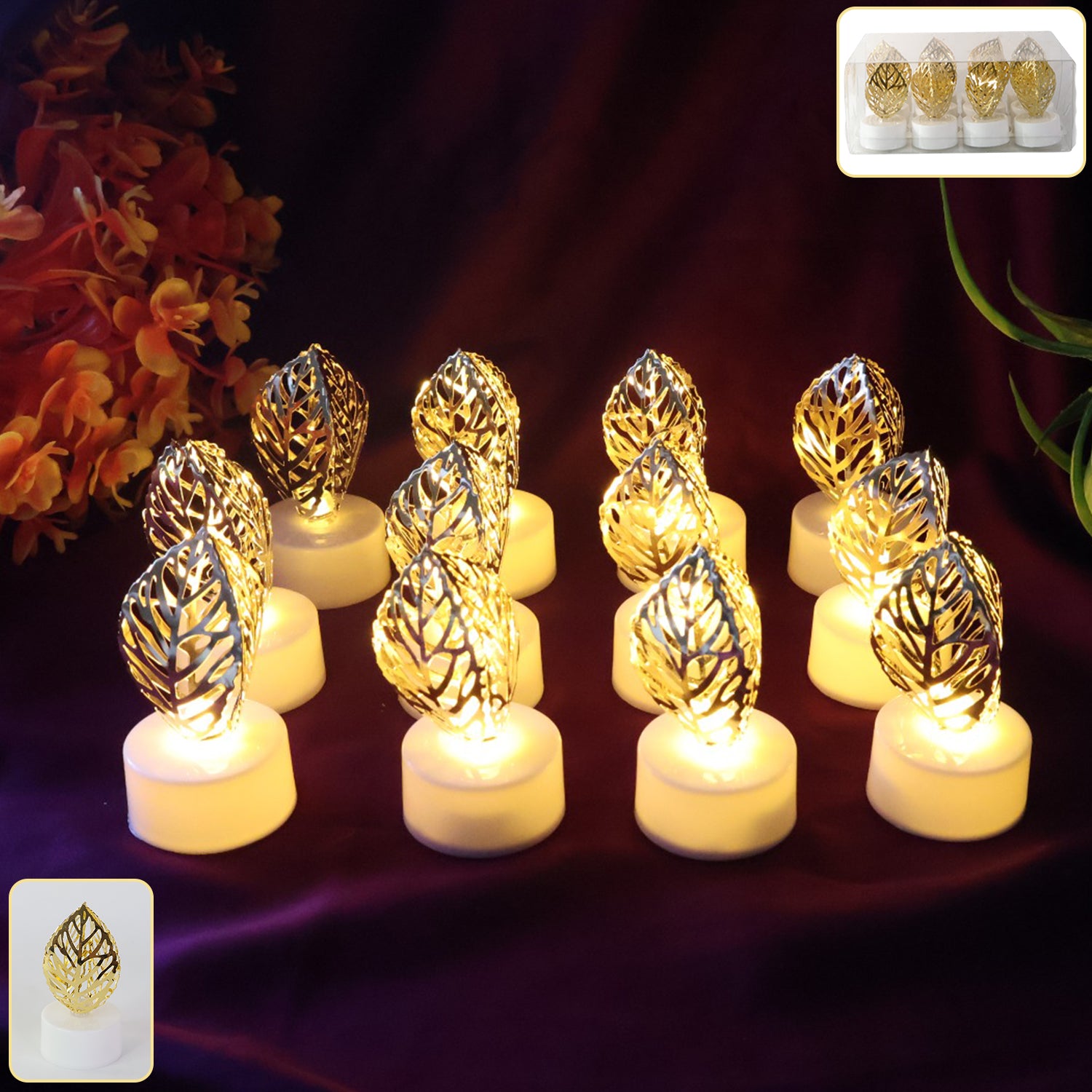 Set of 12 Wukusy decorative golden leaf-shaped flameless LED candles for home decor, featuring elegant leaf designs and warm LED glow.