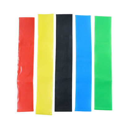Set of five premium elastic resistance exercise bands with belt from Wukusy, ideal for strength training and physical therapy.