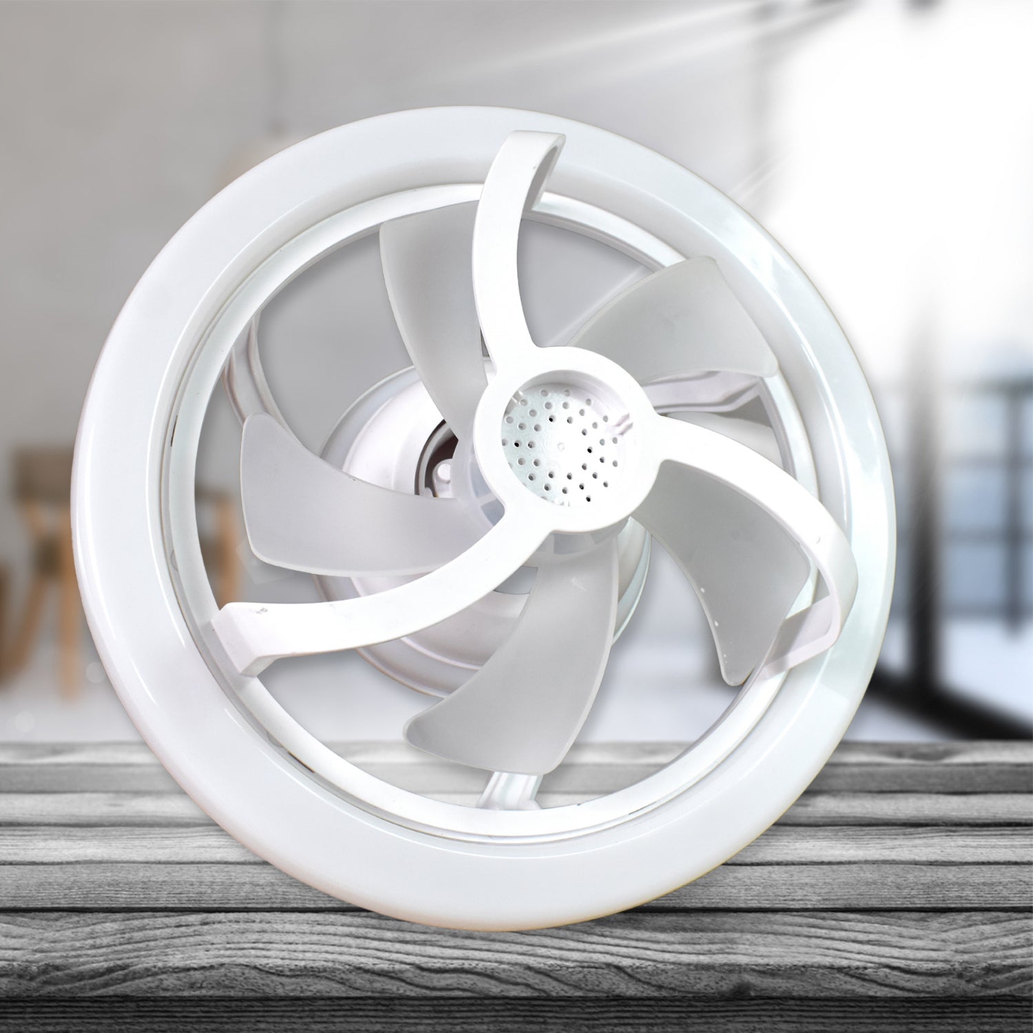 Wukusy 360 rotation office ceiling fan with light and remote control, showcasing the sleek white fan with adjustable angles.