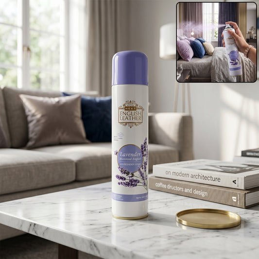 Wukusy Next English Leather lavender air freshener spray for home or office, 220ml bottle with lavender scent.