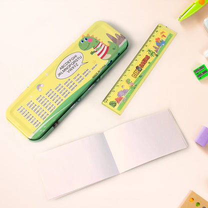 Colorful dinosaur printed kids stationery set by Wukusy, featuring notebooks, pens, and stickers with playful dinosaur designs.