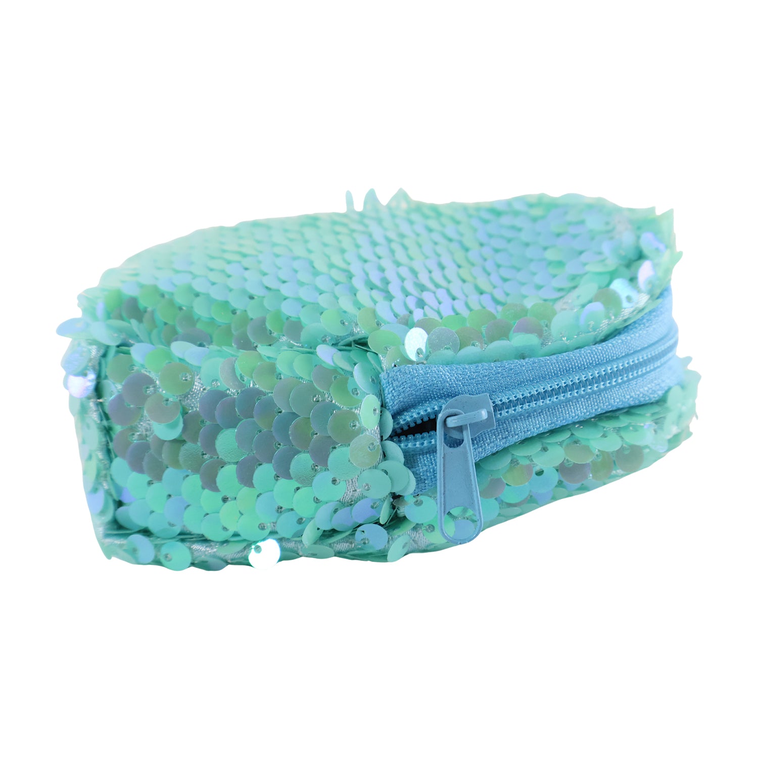 Wukusy mini sequin zipper pouch with shiny silver sequins and black zipper closure, compact and stylish accessory.