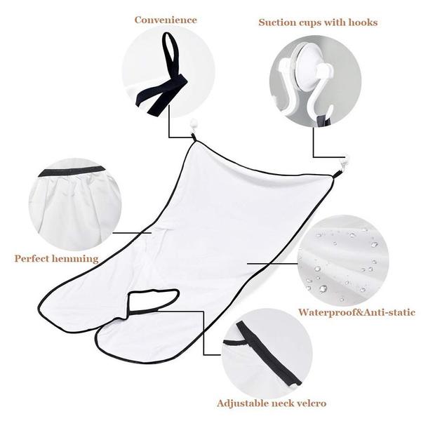 Wukusy 1417 Beard Apron Hair Clippings Catcher Grooming Bib hanging on a bathroom hook, designed to catch beard and hair trimmings.