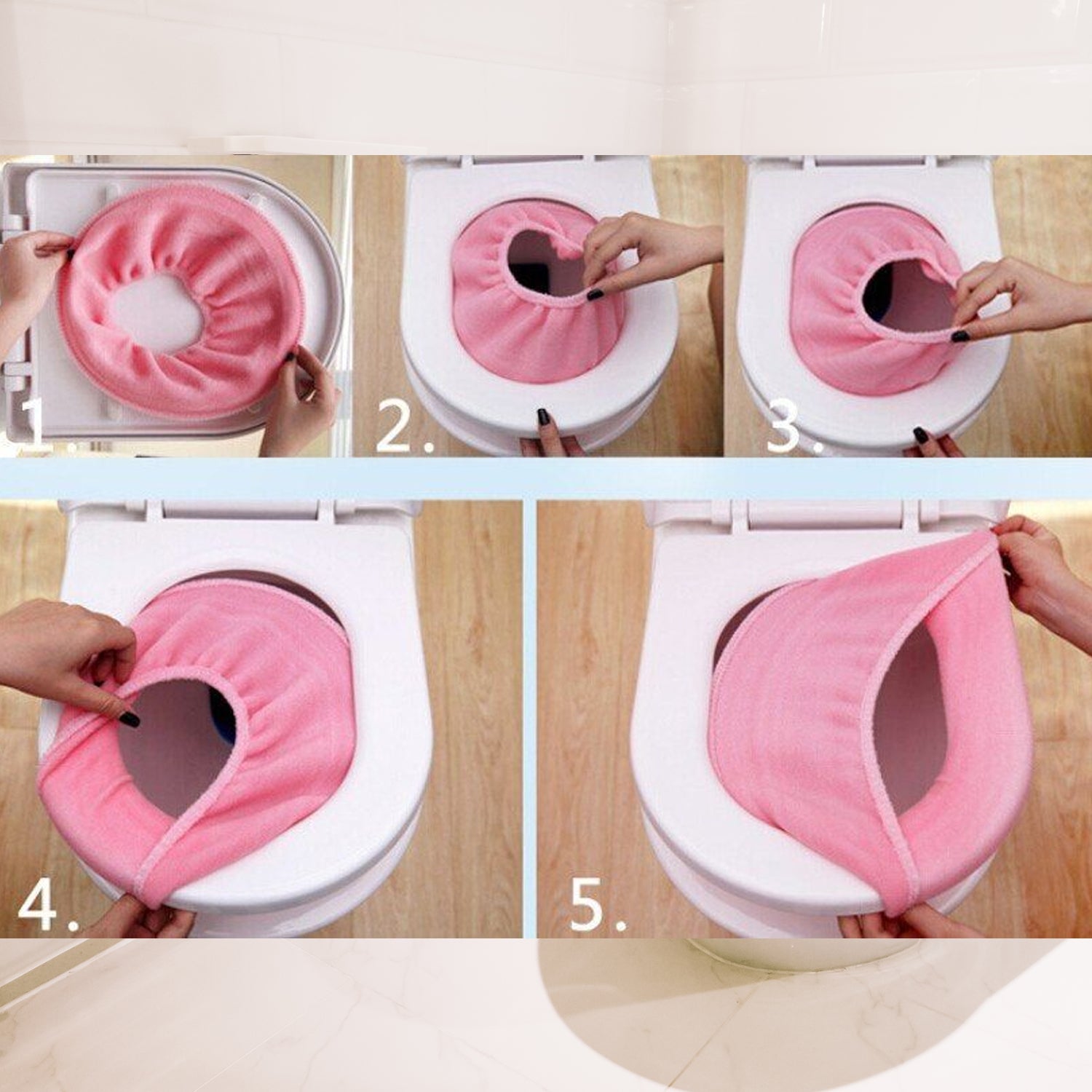 Wukusy 4768 soft, stretchable washable toilet seat cover pad, thick and warmer for bathroom comfort, shown on a toilet seat