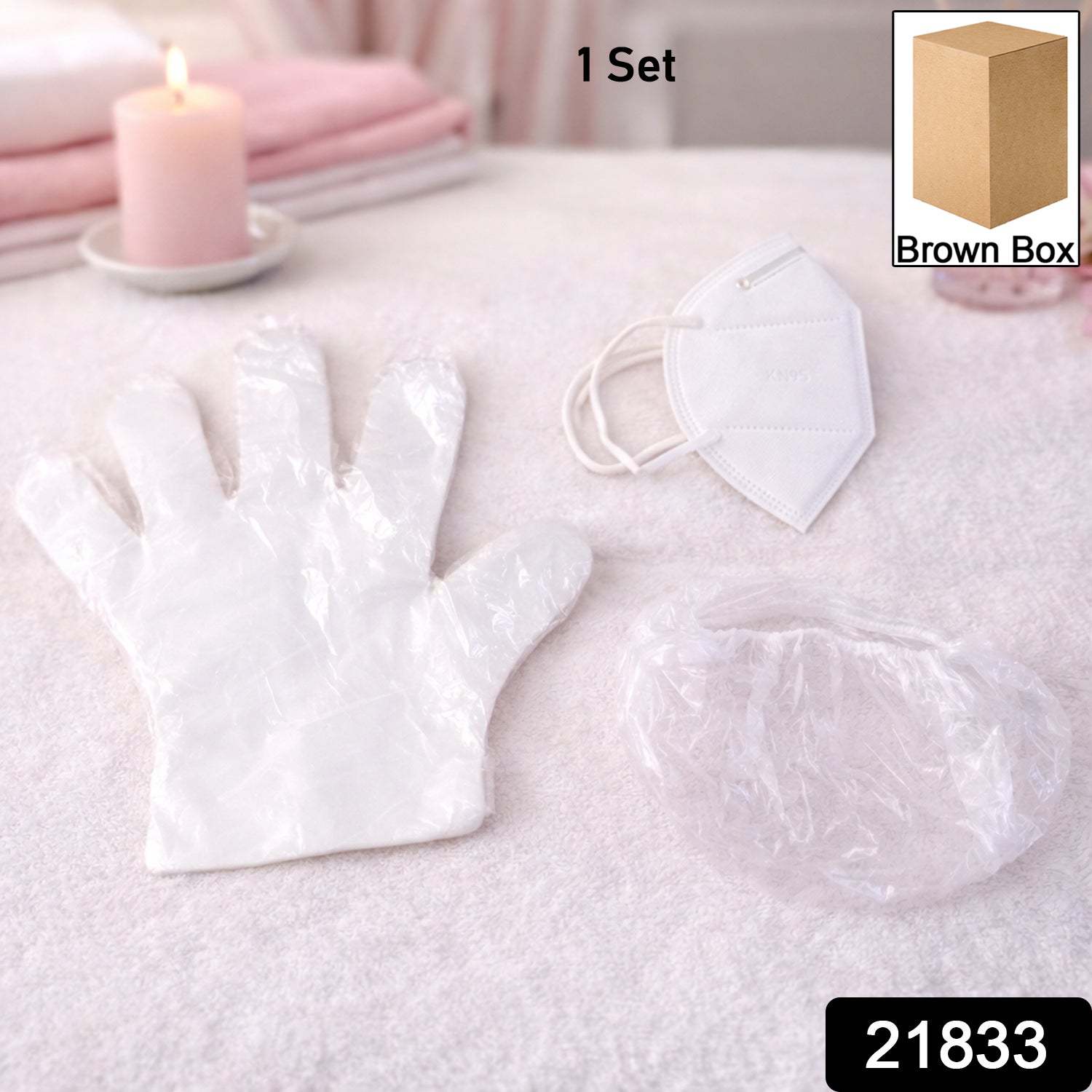 Disposable hygiene safety kit set by Wukusy featuring masks, gloves, and sanitizers on a clean background.