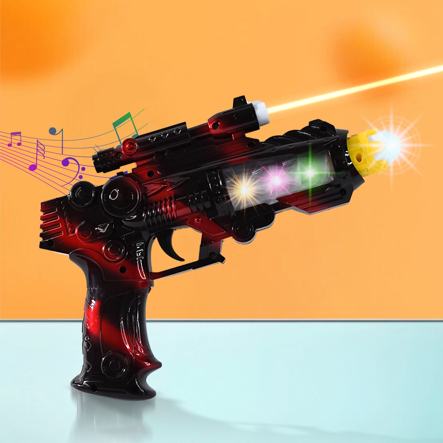 Wukusy Ttg LED flashing sound laser toy gun with lights, music, and battery operation, designed as a space-themed toy for kids.