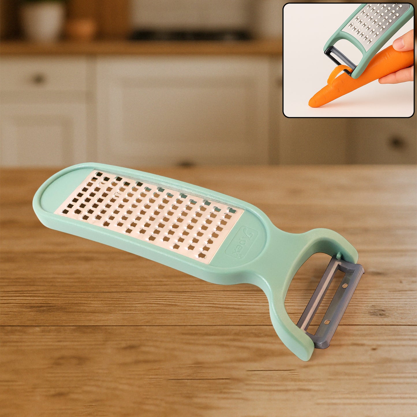 Wukusy Apex 2-in-1 vegetable grater and peeler combo tool for kitchen, featuring stainless steel blades and ergonomic handle.