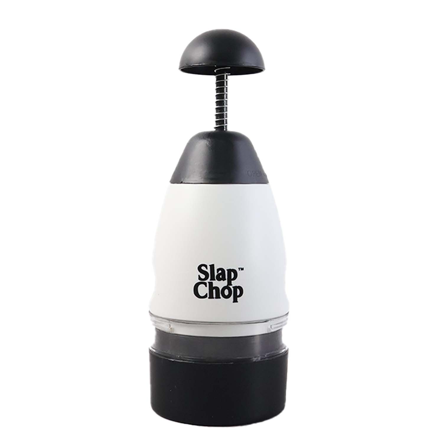 Wukusy Slap Chop hand press vegetable and fruit chopper on a kitchen countertop with chopped produce nearby.