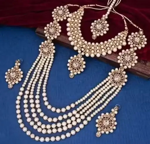Gold-plated alloy bridal jewelry set with American diamonds, includes necklace, earrings, and bracelet, adjustable for women.