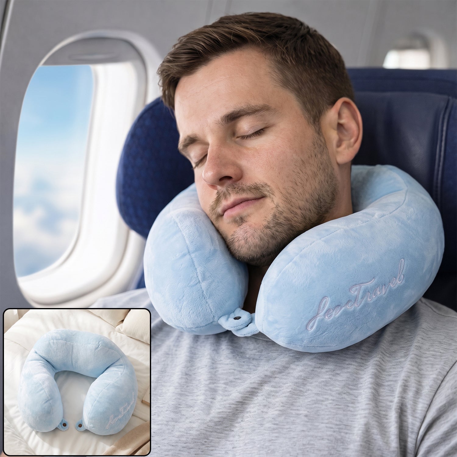 Blue plush U-shaped travel neck pillow by Wukusy with soft head and neck support cushion, ideal for comfortable travel rest.