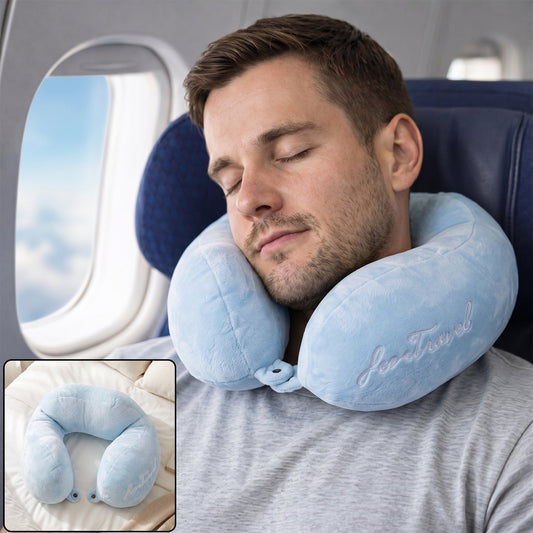 Blue plush U-shaped travel neck pillow by Wukusy with soft head and neck support cushion, ideal for comfortable travel rest.