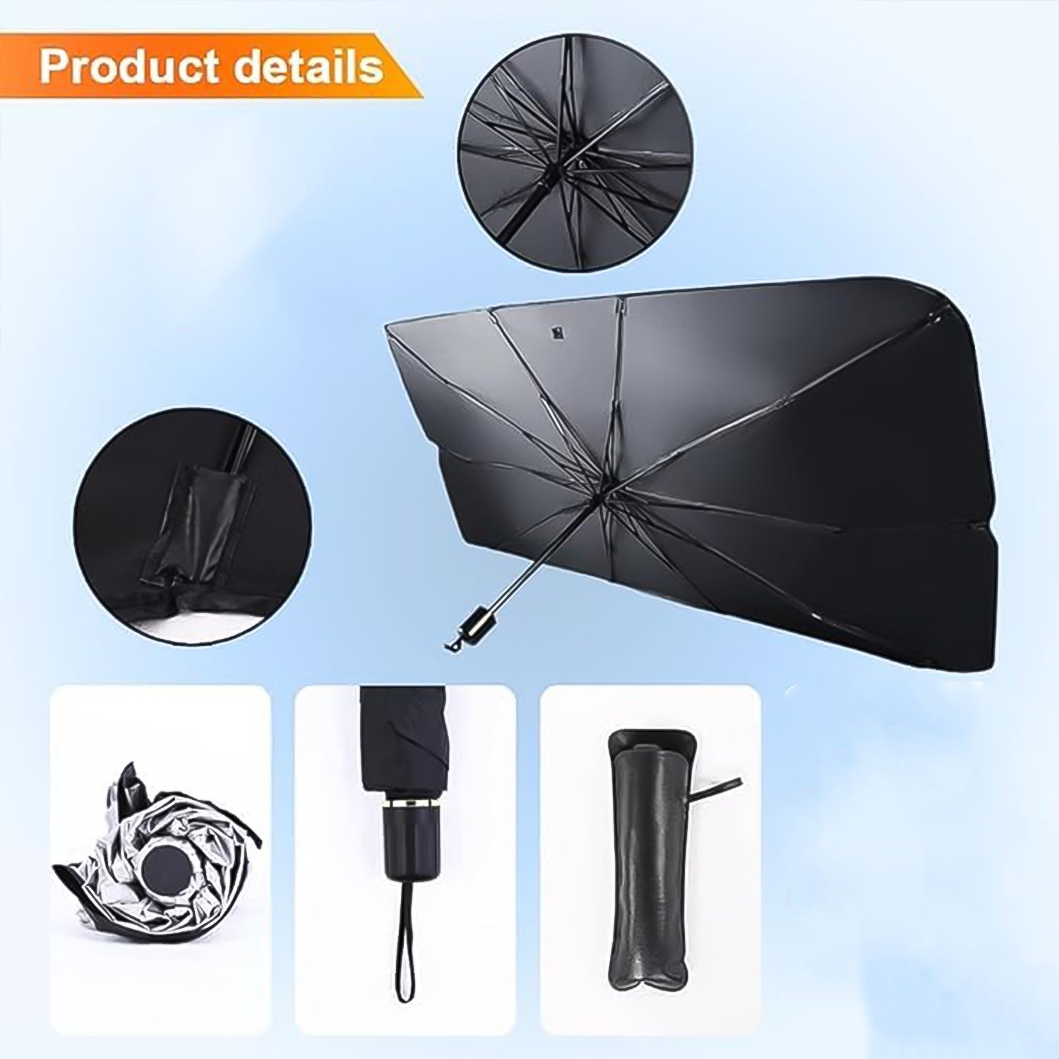 Wukusy windshield umbrella sun shade cover on a car windshield, providing UV protection and heat reduction for vehicle interiors.