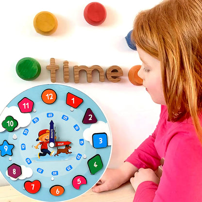 Wukusy Aditi wooden educational clock toy with movable hands for teaching kids how to tell time.
